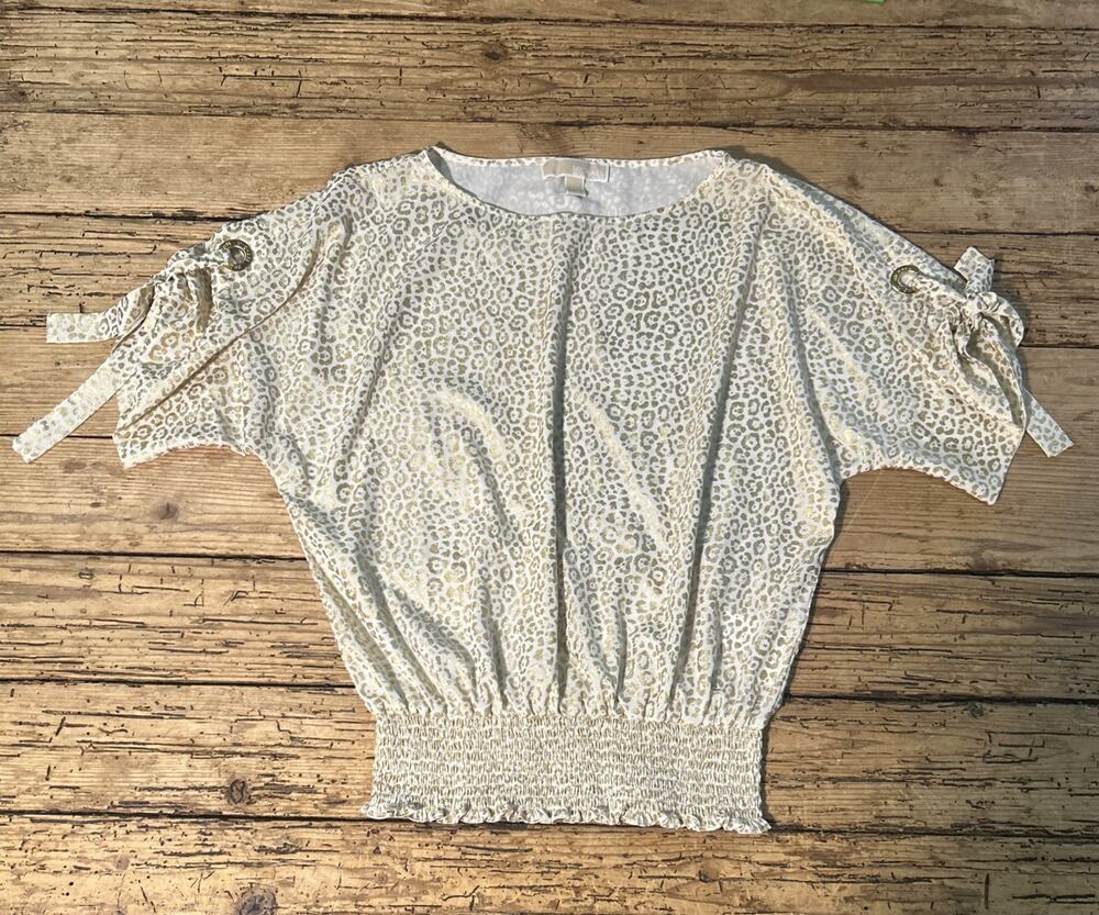 Michael Kors Women’s Size M White/Gold Animal Print Balloon Smocked Blouse NWOT